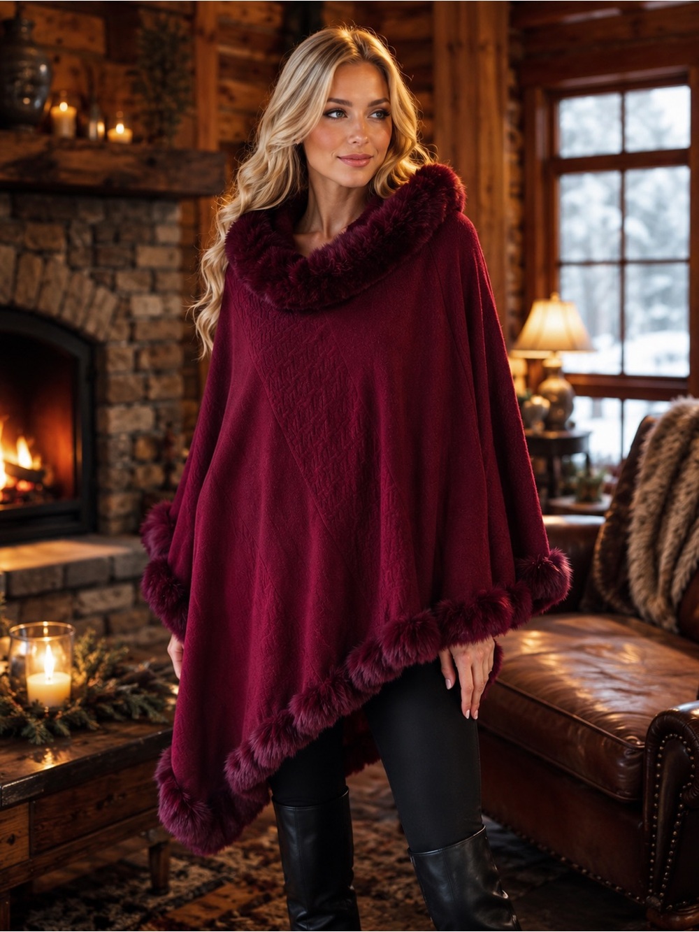 Adrienne Vittadini Burgundy Faux-Fur Trim Poncho